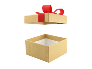 open empty gold cardboard gift box with red ribbon bow (lid floating) isolated on white