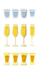 Vodka champagne tequila glass on white background. Cartoon sketch graphic design. Doodle style. Colored hand drawn image. Party drink concept for restaurant, cafe, party. Freehand drawing style.