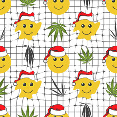 Seamless distorted melting smiley face in claus hat with cannabis leaves pattern for christmas. Geometric hemp christmas background. Vector