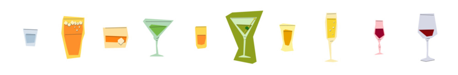 Vodka beer whiskey vermouth rum martini tequila champagne liquor wine glass on white background. Cartoon sketch. Flat style. Colored hand drawn image. Party drink concept for restaurant. Freehand draw