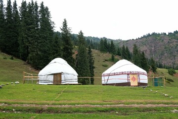 Yurt camp in Karakol Mountains, Tien Shan Mountains, Kyrgyzstan, Central Asia. Traditional nomad's yurts on green mountain meadow in summer. 