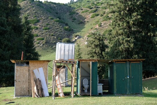Primitive sanitary facilities in yourt camp in Tien Shan Mountains on Karakol area in Kyrgyzstan, Central Asia