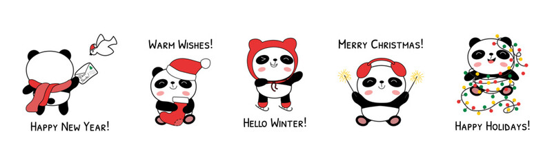 Christmas baby pandas vector illustration isolated on white background. Doodle panda bear characters with sparklers, garland, xmas sock, letter to Santa. Christmas phrases © ugguggu