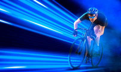 Man racing cyclist in motion on blue neon background