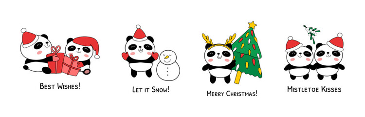 Christmas baby pandas vector illustration isolated on white background. Doodle panda bear characters with gift boxes, snowman, fir tree and mistletoe branch. Christmas phrases