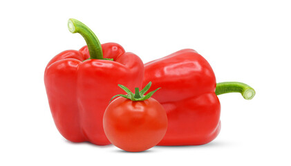 Fresh whole tomato and bell pepper isolated on white background.