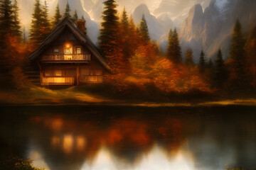 Fototapeta premium Digital Illustration Chalet In The Mountains