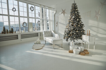 wide-angle photo of a Christmas room decorated for the New Year