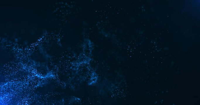 A vortex of blue particles slowly unfolding against a dark blue background. Bokeh particles. Water vapor in blue light.