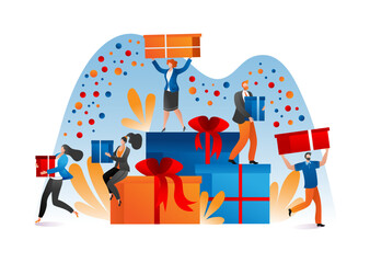 People at flat happy celebration with gift box, vector illustration. Man woman character with cartoon present to anniversary, birthday surprise.