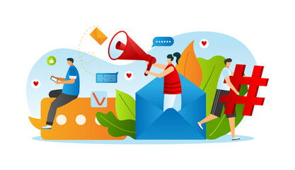 Naklejka premium Hashtag news from internet social media, business background vector illustration. Network community, man woman character at web mobile chat.
