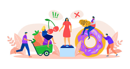 Healthy and harmful food choice, vector illustration. Nutrition with cartoon fruit diet or unhealthy junk product, flat eating food person.