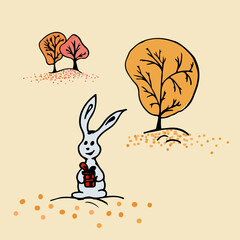Autumn trees and rabbit with gift. Autumn colors. Vector illustration.