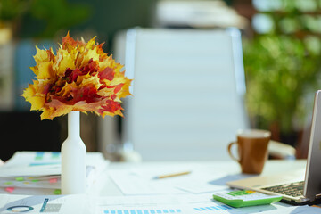 Autumn leaves in vase on table with documents in office