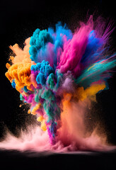 A colourful powder explosion of holi paint on a dark background. 
