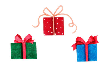 Set with Christmas gift boxes. Watercolor illustration isolated on white background. Winter holidays, Merry Christmas and Happy New Year, Birthday.