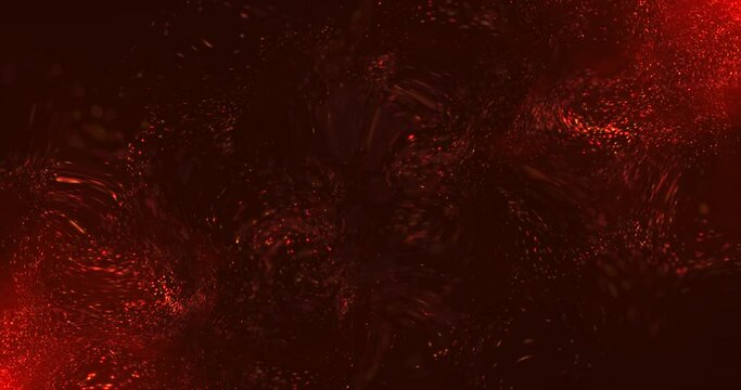 A vortex of red particles slowly unfolding in the wind against a dark red background. Bokeh particles. Sparks from the fire in the light of the flames.