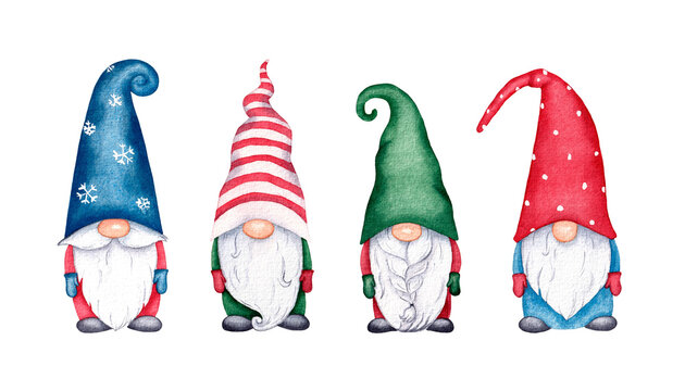 Watercolor set of cute christmas gnomes. Hand drawn illustration on white background.