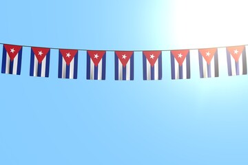cute many Cuba flags or banners hangs on string on blue sky background - any celebration flag 3d illustration..