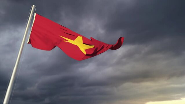 Vietnam flag waving on massive sundown clouds at hard times backdrop