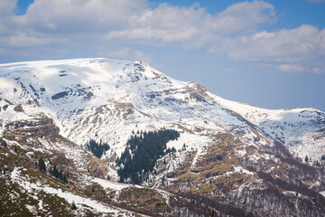 View of a beautiful Kopren summit and plateau, covered by snow, rocky landscape and pine trees on the cliffs - 549285346