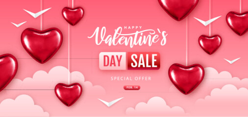 Happy Valentines Day big sale typography poster with pink hears and clouds. Vector illustration