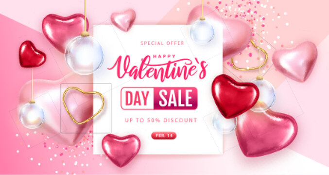Happy Valentines Day big sale typography poster with pink and red hearts. Vector illustration