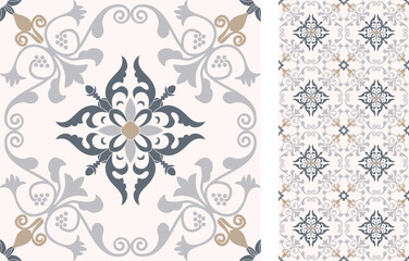 Seamless Azulejo tile. Portuguese and Spain decor. Ceramic tile. Seamless Floral pattern. Vector hand drawn illustration, typical portuguese and spanish tile - 549286307