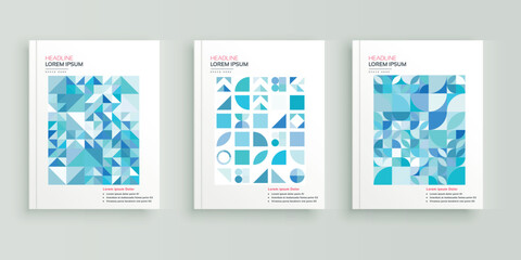 Abstract, Geometric blue book cover, flyer, and annual report designs set.