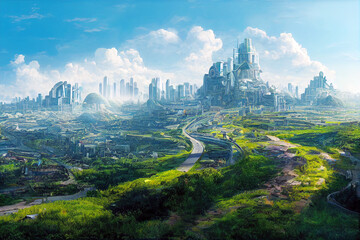 utopian landscape with a city in the distance, concept art