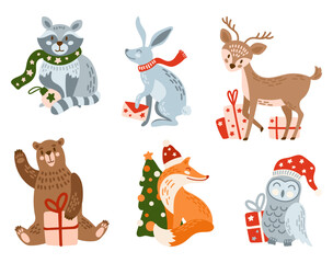Christmas animals vector illustrations set. Racoon, bear, reindeer, bunny, fox, owl clipart