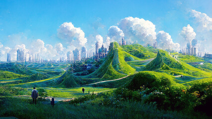 utopian landscape with a city in the distance, concept art