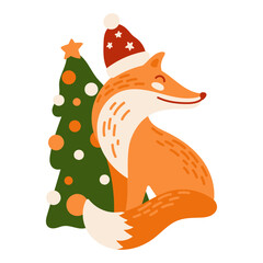 Fox with Christmas tree vector illustration