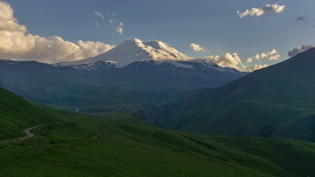 Mount Elbrus at sunset in Caucasus mountains