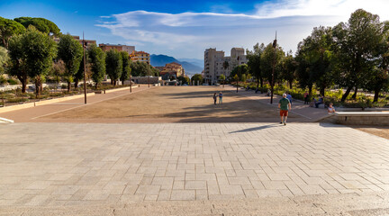 Ajaccio, Corsica, France - October 26, 2022, Square for national holidays in front of the monument dedicated to Napoleon Bonaparte.