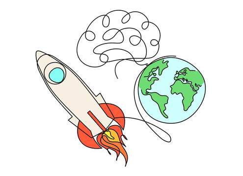 Abstract color rocket with brain as continuous line drawing on white background
