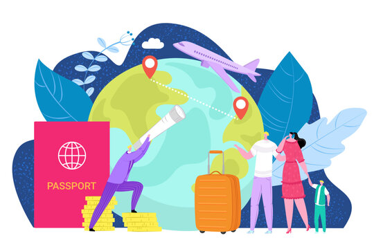 International Emigration Concept, Vector Illustration. People Character Immigration To Foreign Country, Global Travel With Passport Document.