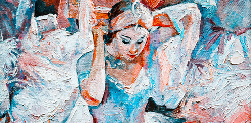 Young ballerinas in the light pink tutus behind the curtain are preparing for the performances.The background is black. Oil painting on canvas. © Mariia