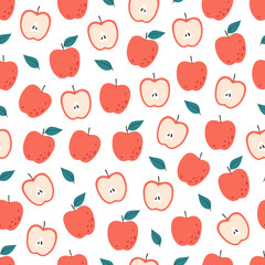 Fresh apples seamless pattern. Healthy and organic food. Flat, hand drawn texture for wallpaper, textile, fabric, paper. Hand drawn vector illustration