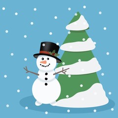 A snowman in a top hat stands near the Christmas tree. The tree is a little snowy. Snowflakes are flying. On the snowman's top hat are leaves and holly berries. Winter picture on a blue background.