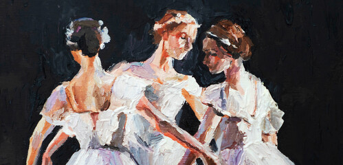 Young ballerinas in the light pink tutus behind the curtain are preparing for the performances.The background is black. Oil painting on canvas.