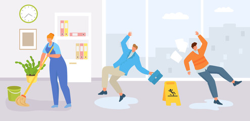 Wet floor in office, people fall down concept, vector illustration. Warning caution about slippery surface, woman character clean room.