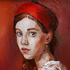 Oil painting. A girl in a red scarf with an expressive look. The painting is done in a realistic manner.