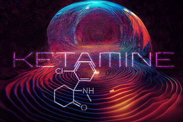 Ketamine. Dissociative ketamine. Chemical formula, molecular structure. Ilustration background for your desigen. Disoviative drugs. Ketamin banner.