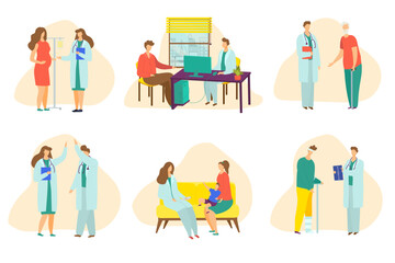 Fototapeta premium Medicine set, doctor talk with cartoon patient in clinic, vector illustration. Professional health care isolated on white collection. Man woman people