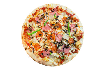 Fresh tasty pizza with pepperoni, paprika, mushrooms, cheese, sausages and ham isolated on white background. Top view