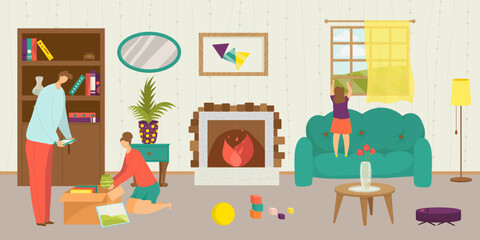 Moving to new home concept, vector illustration. People family pack things in box, man woman make relocation to another cartoon house, apartment