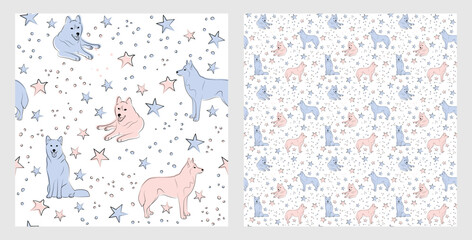 Pattern design with funny Husky dogs doodles, sketch style, seamless pattern.  textile, wrapping paper, blue background graphic design. Wallpaper for Babies and kids. Blue and Pink linen style. © Natalia