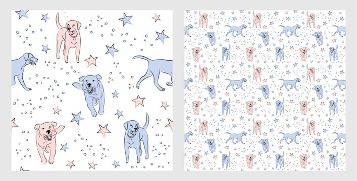 Pattern design with funny Labrador dogs doodles, sketch style, seamless pattern.  textile, wrapping paper, blue background graphic design. Wallpaper for Babies and kids. Blue and Pink linen style.