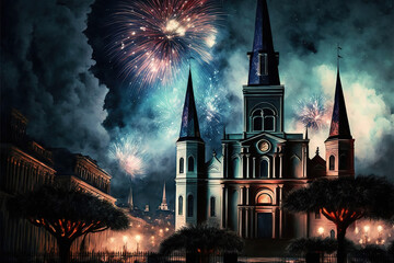 Fireworks Over New Orleans at Night, AI Generated Illustration - obrazy, fototapety, plakaty